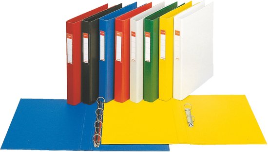 Rij met gekleurde ringbanden: blauw, zwart, rood, groen, geel en wit. Twee mapjes in blauw en geel met ringen.