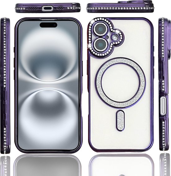 Étui adapté pour iPhone 16 Étui Magsafe Protecteur d'objectif Violet - Couverture arrière de Luxe en diamant étincelant