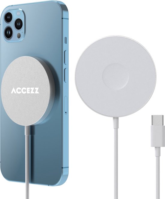 Accezz Draadloze Oplader - Geschikt voor MagSafe - Snellader 15W - USB C Oplader Kabel - Wireless Fast Charger Geschikt voor iPhone 12/13/14/15/16 - Wit