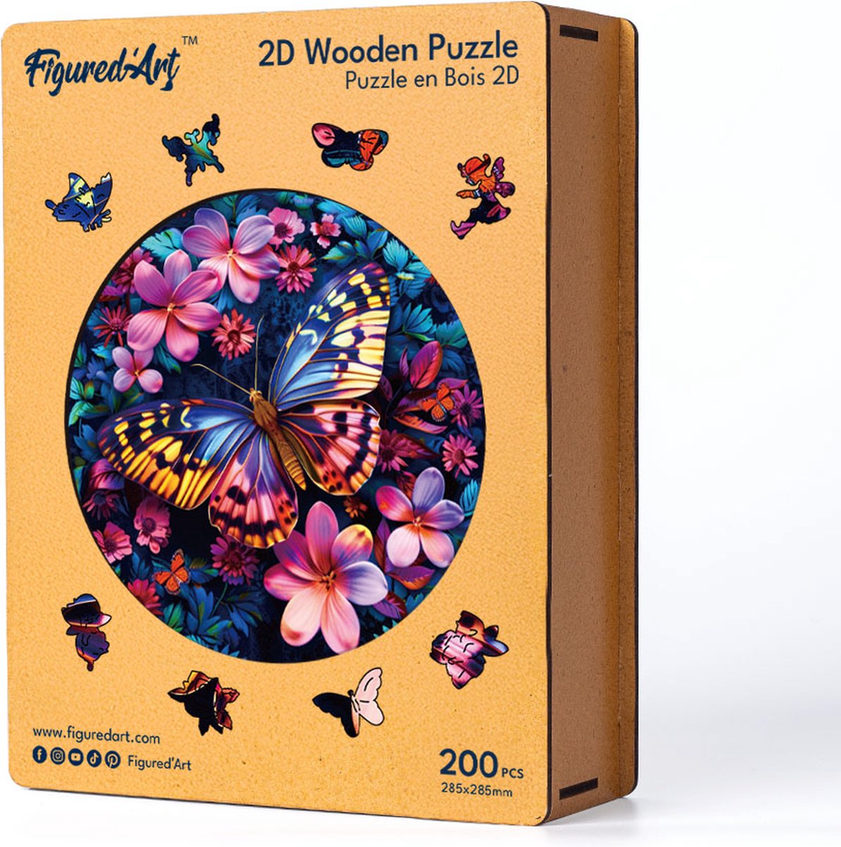 Figured'Art Houten Puzzel 200 Stukjes Volwassenen en Kinderen - Dieren - Vlinder en Bloemen - Uniek Design 28,5x28,5 cm met Premium Houten Doos, Perfect als Cadeau — cadeau in Spellen & Speelgoed - foto 5