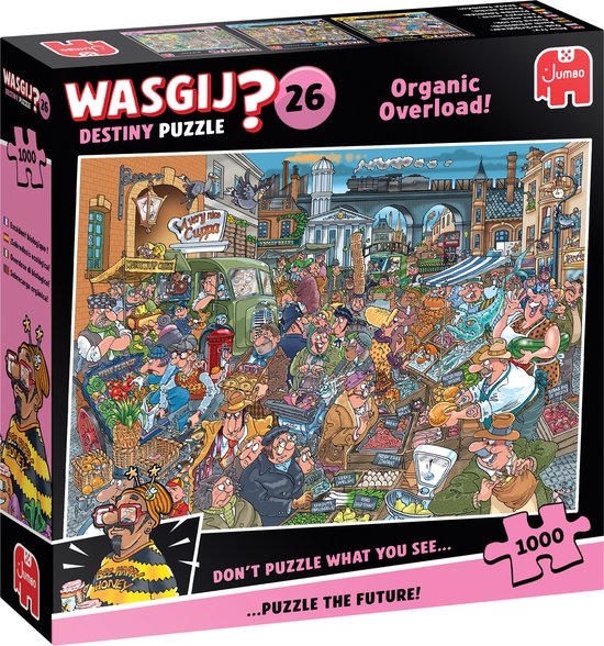 Wasgij Destiny 26, 1000 stukjes, een drukke marktscène met mensen, voertuigen en gebouwen, "Organic Overload!".