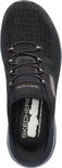 Zwart Skechers Slip-Ins damesinstapper, bovenkant met roze veters en S-logo.