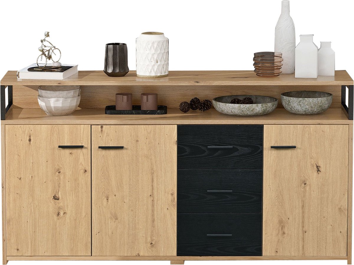 Merax Industrieel Dressoir met Drie Deuren en Drie Lades – Opbergkast – Buffetkast – 150x35x75,9 cm