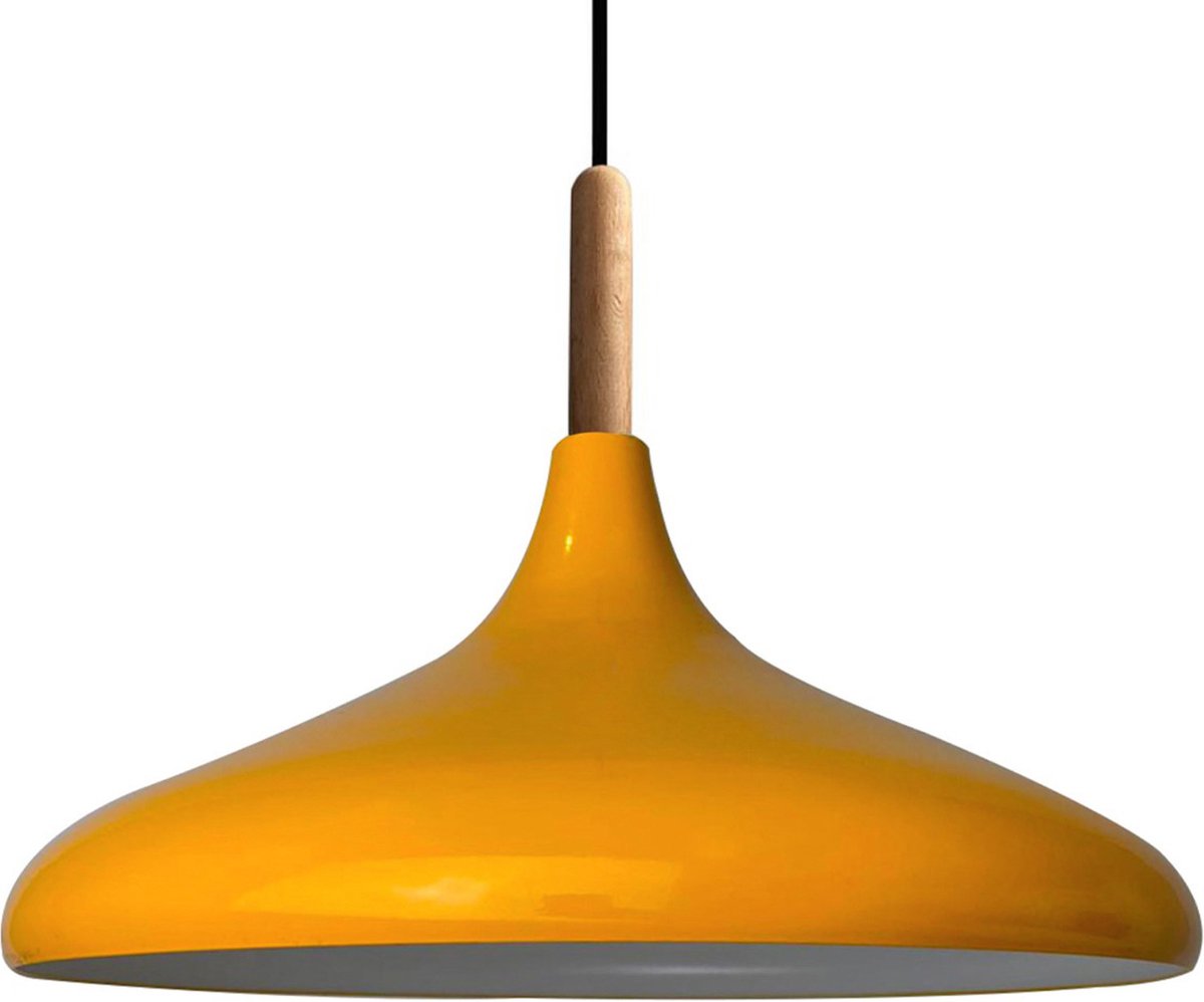 Bamyum Hanglamp Geel van Metaal Abajur en Houten Onderdelen 35 cm, Hanglamp Eettafel, Keukenlamp Hangend E27, Hanglamp Zwart voor Kinderkamer, Slaapkamer, Woonkamer
