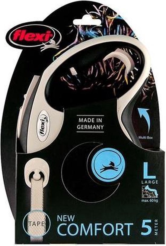 Emballage de la laisse Flexi Comfort L pour chien, couleur noir et gris, avec sangle de 5 mètres.