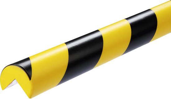 Protection d'angle jaune et noir avec un motif à rayures diagonales.