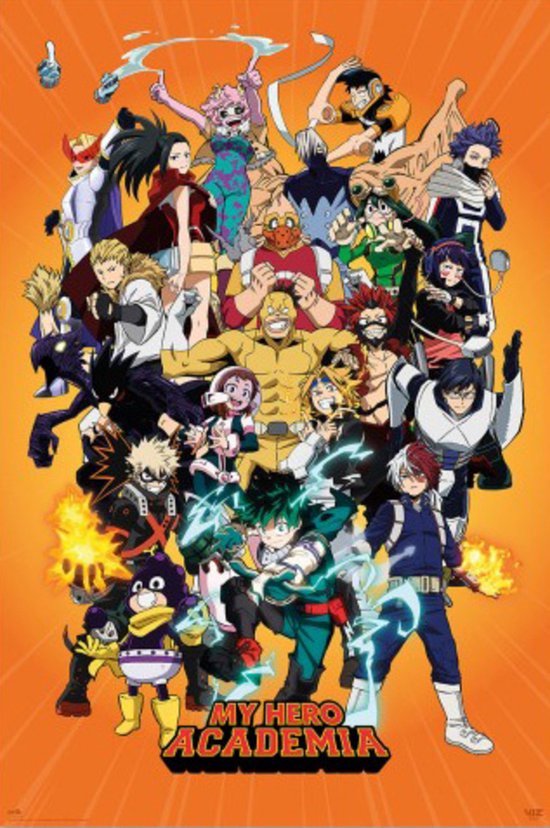 Manga poster van My Hero Academia met de hoofdrolspelers in actie.