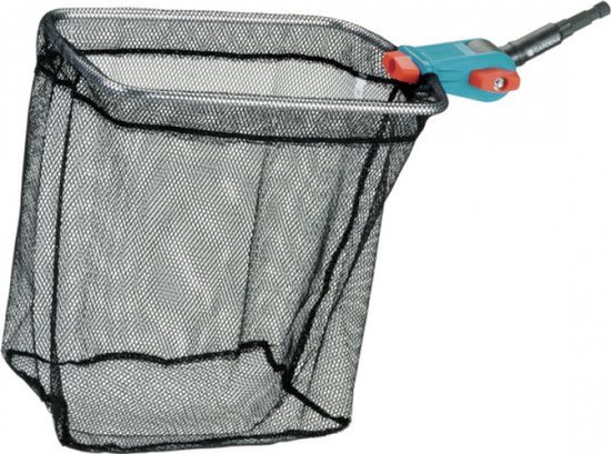 Épuisette GARDENA avec un filet noir et une poignée turquoise/orange.