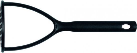 Gros plan d'un écrase-pommes de terre noir Brabantia, mettant l'accent sur le piston à motif quadrillé.