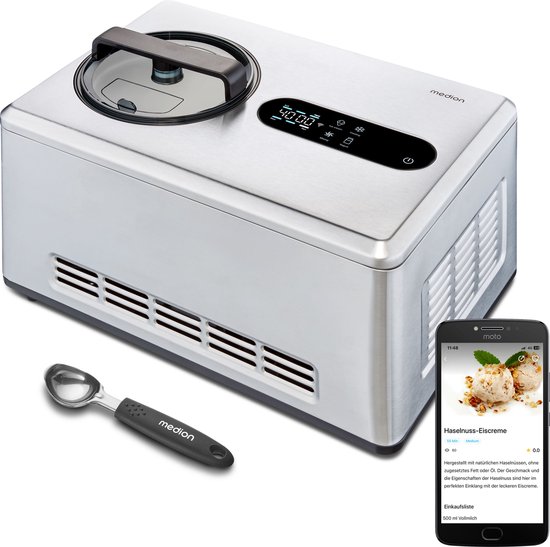 MEDION slimme ijsmachine met compressor (zelfkoeling, app bediening incl. ijsrecepten, LED display, 2 liter, yoghurtijs, roestvrij staal, MD12170)