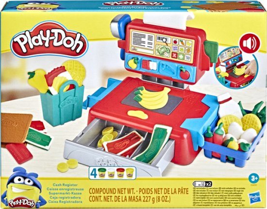 De doos van de Play-Doh kassa met de speelgoedkassa, deksels met fruit en groenten, potjes en bakvormen.