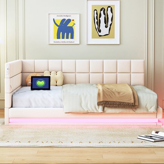 Bed 140 x 200 cm, met led-lattenbodem en USB, gestoffeerde