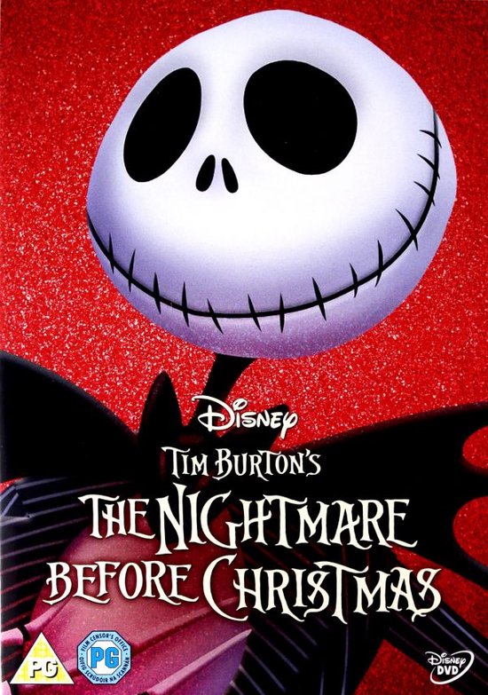 La couverture du DVD "The Nightmare Before Christmas", avec Jack Skellington sur fond rouge.