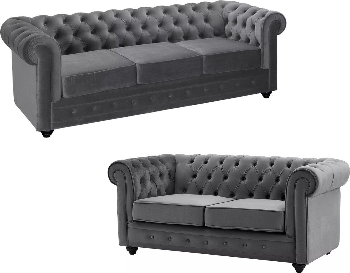 Vente-unique Drie- en tweezitsbank van antracietkleurig velours CHESTERFIELD