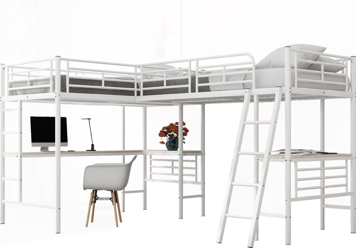 Merax Hoogslaper 90x200 cm met Uitvalbeveiliging - Wit - 2 Eenpersoonsbedden met 2 Bureau's en 2 Ladders