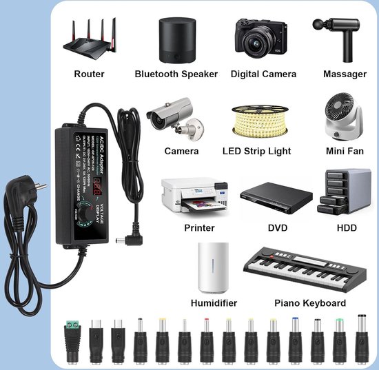 Instelbare voedingsadapter met draaiknop/digitaal led-display, 3V-12V 5A 60W / 9-24V 3A 72W spanning instelbare transformator netadapter voor LCD-monitoren/motoren/mini tv/dvd-speler (9-24V 3A 72W