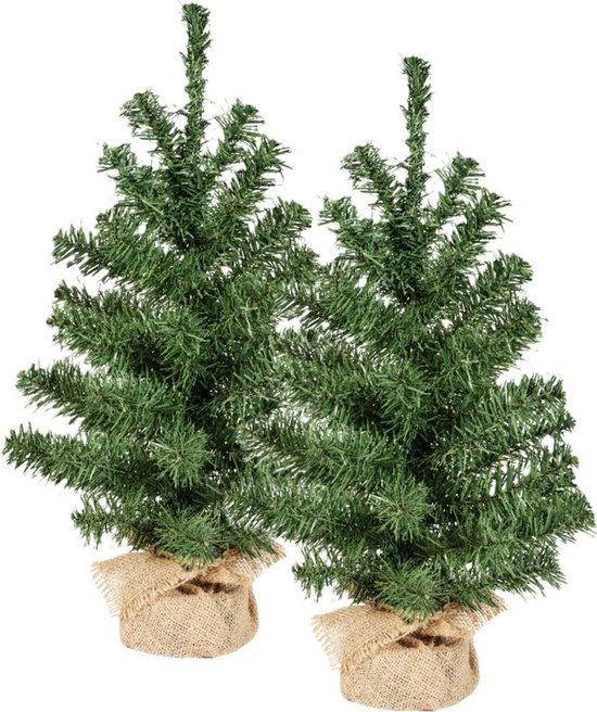 Everlands Everlands Mini kerstboompjes - 2x st - groen - 45 cm - in jute zak - kunstboom