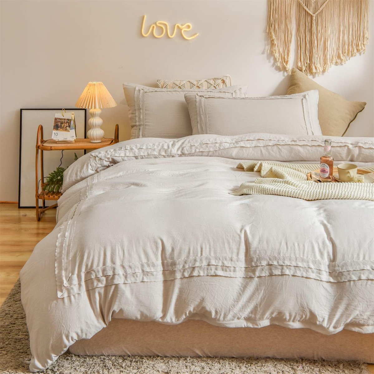 Goodivery ® Bohémien Beddengoedset met Stijlvol Tufted Borduurwerk en Elegante Ruches Ontwerp