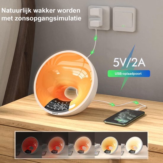 Witruismachine: Digitale Nachtkastwekker met 25 Natuurlijke Geluiden, Bluetooth-Luidspreker, 9 Nachtlampen, 32 Geluidsniveaus, 7 Timers & Geheugenfunctie, Netgevoede Wekker voor Slaapkamer