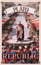 Een man in een Romeinse toga staat op een podium in een marktplein. De tekst 'PLATO REPUBLIC' staat boven en onder de afbeelding.