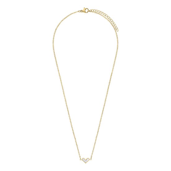 Gouden ketting met een klein wit hartje van parelmoer.
