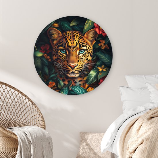 WallCircle - Wandcirkel 90x90 - Luipaard - Natuur - Bloemen - Bladeren - Jungle - Ronde schilderijen woonkamer - Wandbord rond - Muurdecoratie cirkel - Kamer decoratie binnen - Wanddecoratie muurcirkel - Woonaccessoires