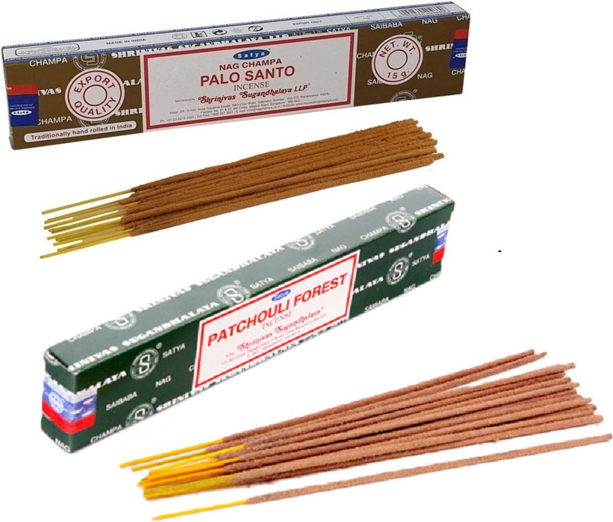 Satya Wierook cadeau set - 2x geurstokjes - Palo Santo en Patchouli Forrest geur - Meditatie Donkergroen