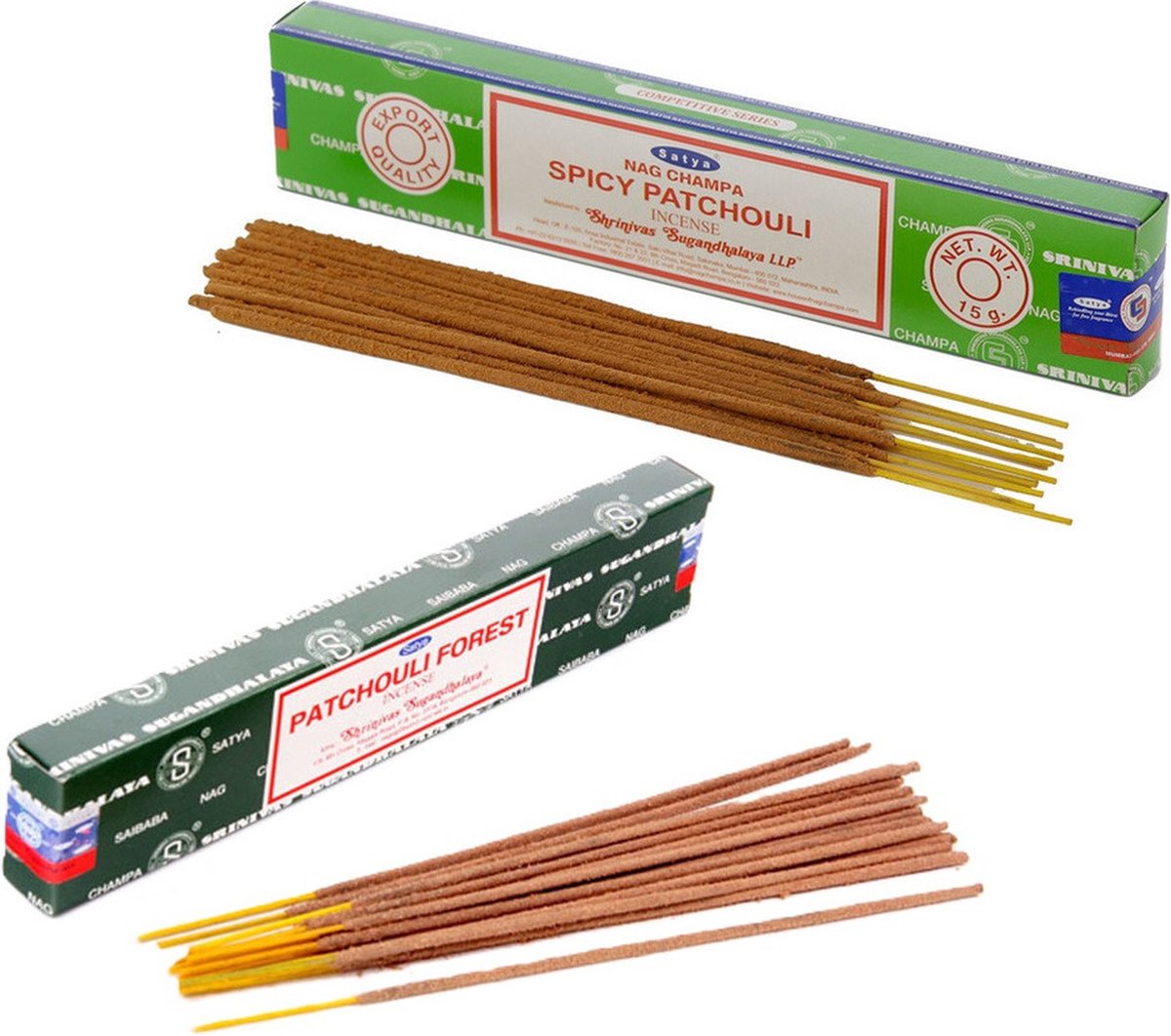Satya Wierook cadeaus set - 2x geurstokjes - Patchouli en Patchouli Forrest geur - Meditatie Mosgroen