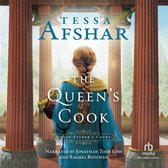 Vrouw met vlecht kijkt door zuilengang naar tuin, boekcover van The Queen's Cook door Tessa Afshar.