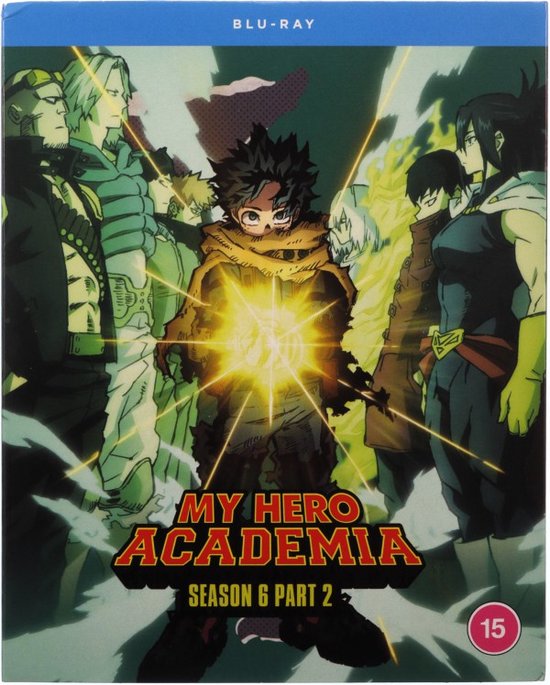 Voorzijde Blu-ray hoes My Hero Academia seizoen 6 deel 2 met Deku in het midden, omringd door klasgenoten.
