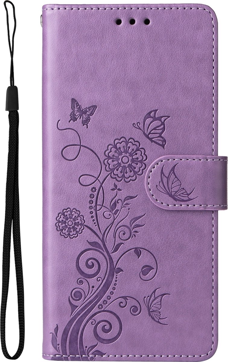 Mobigear Telefoonhoesje geschikt voor Xiaomi 14T Pro Hoesje | Mobigear Flowers Bookcase Portemonnee | Pasjeshouder voor 3 Pasjes | Telefoonhoesje voor Pinpas / OV Kaart / Rijbewijs - Paars