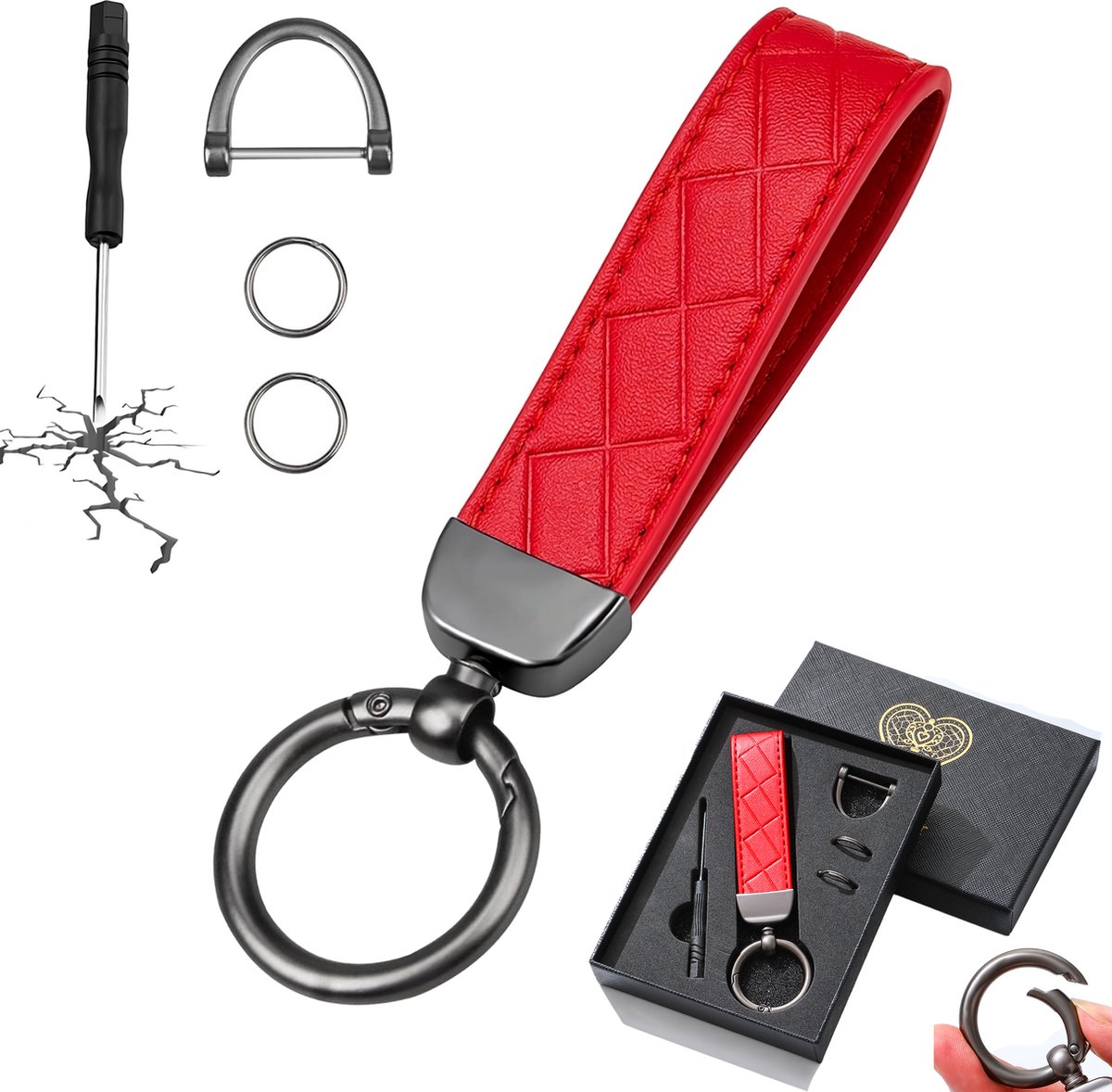 Luxe Leren & Metaal Sleutelhanger voor Volwassenen - Auto Sleutelhouder - Keychain met Karabijnhaak, Musketonhaak en Sleutelringen - Autosleutel voor Vrouwen, Mannen, Dames - Karabijnsluiting Sleutel hanger - Auto Accessoires -In Cadeau/Geschenk Doos