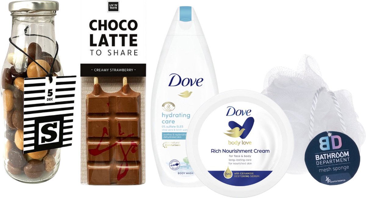 Goedkoopste Dove Cadeauset Sinterklaas - Dove Body Voedende Creme - Dove Douche Hydra Care Aloe Vera - Liv 'n Taste Chocolade Kruidnoten Sint Fles