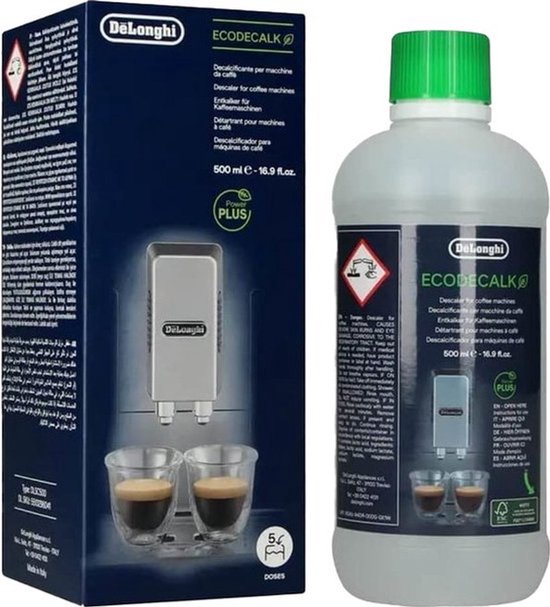 Doos en fles De'Longhi EcoDecalk ontkalker met afbeelding van koffiemachine.