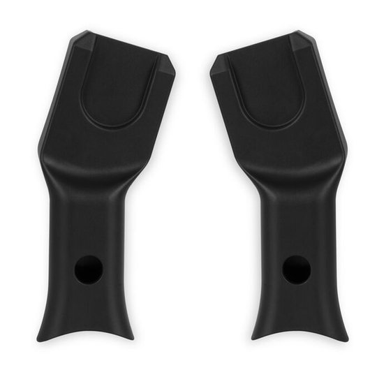 Twee zwarte adapters voor kinderwagen met een U-vormige opening.