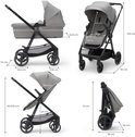 Vier afbeeldingen van een grijze kinderwagen en autostoel met afmetingen.