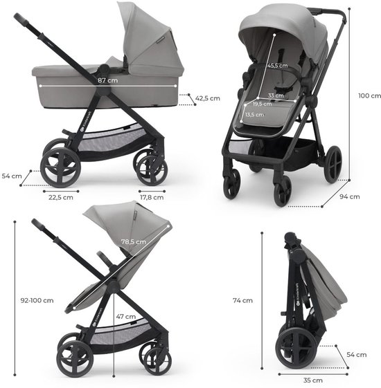 Vier afbeeldingen van een grijze kinderwagen en autostoel met afmetingen.