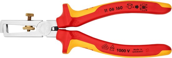 Rode en gele Knipex draadstripper met 1000V isolatie, 'Made in Germany' staat erop.