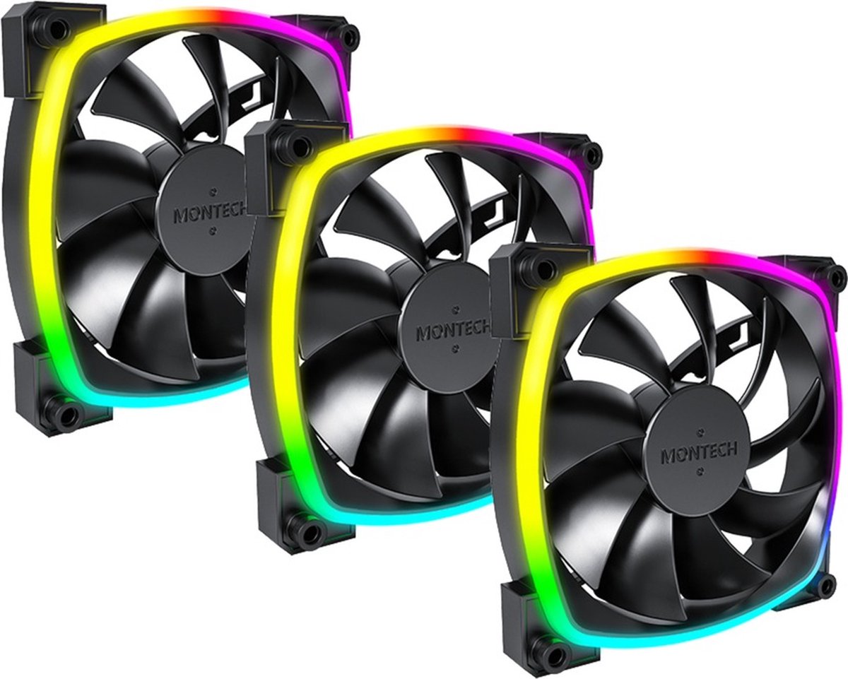Montech AX120 PWM - Ventilatorhuis 3-pack - 120mm - 59 cfm - 800 - 1600 rpm - 27 dBA - 4-pin PWM - 3-pin ARGB - zwart