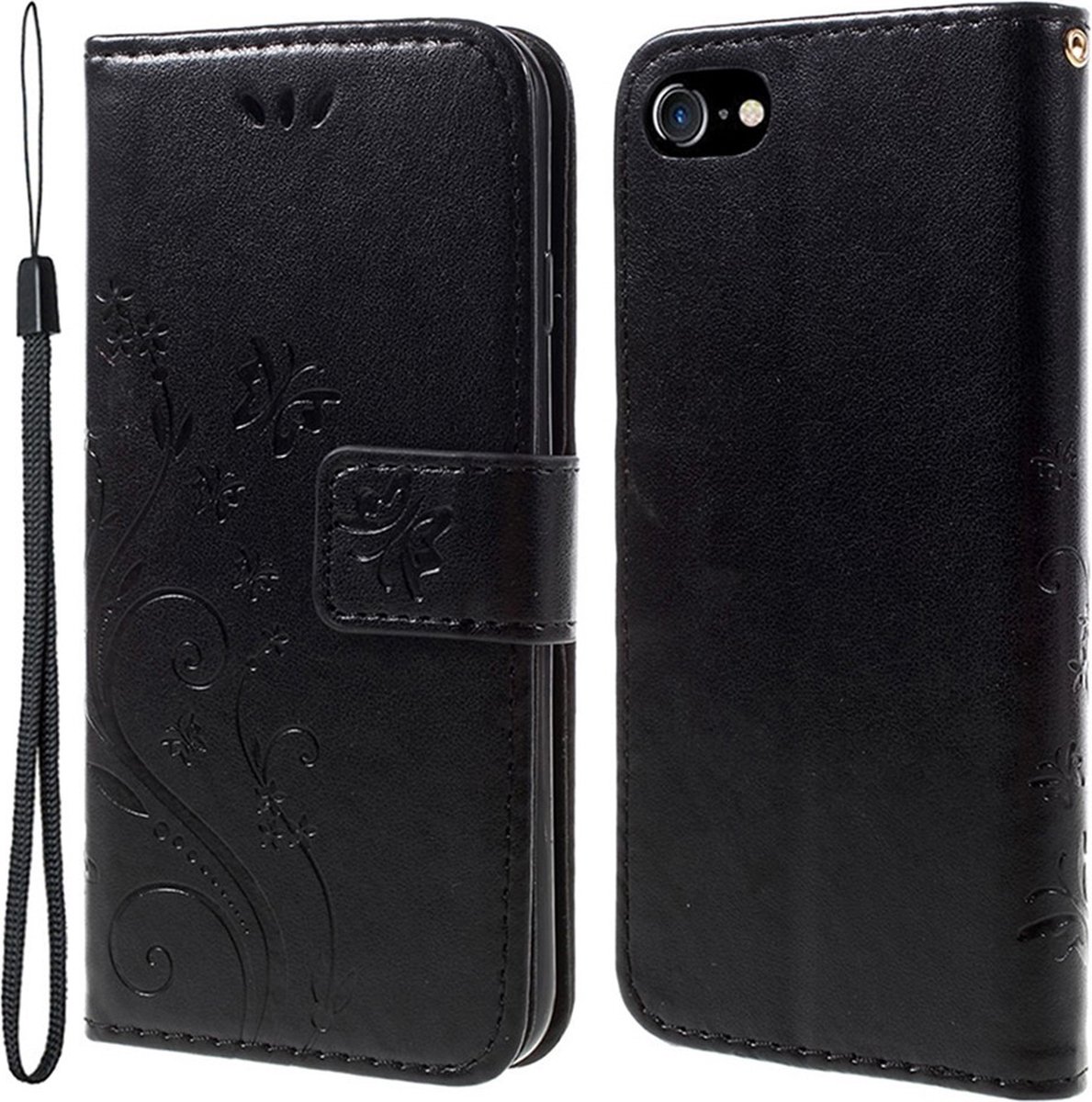 Coverup Bloemen & Vlinders Book Case - Geschikt voor iPhone SE (2022/2020), iPhone 8 / 7 Hoesje - Zwart