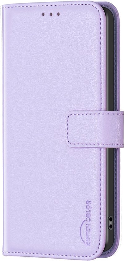 Étui de téléphone lavande fermé, avec fermeture à bouton-pression et le texte 'BINFEN COLOR' sur le devant.