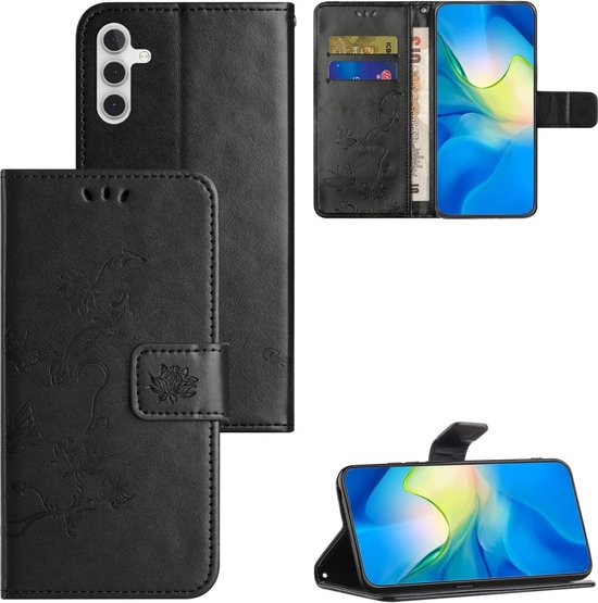 Coverup Fleurs et Papillons Book Case Adapté pour Samsung Galaxy A15 Case - Zwart