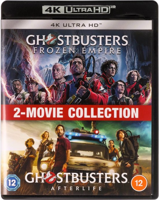 4K Ultra HD Blu-ray hoes met "Ghostbusters: Frozen Empire" en "Ghostbusters: Afterlife" 2-filmcollectie. De cast van beide films staat op de cover.