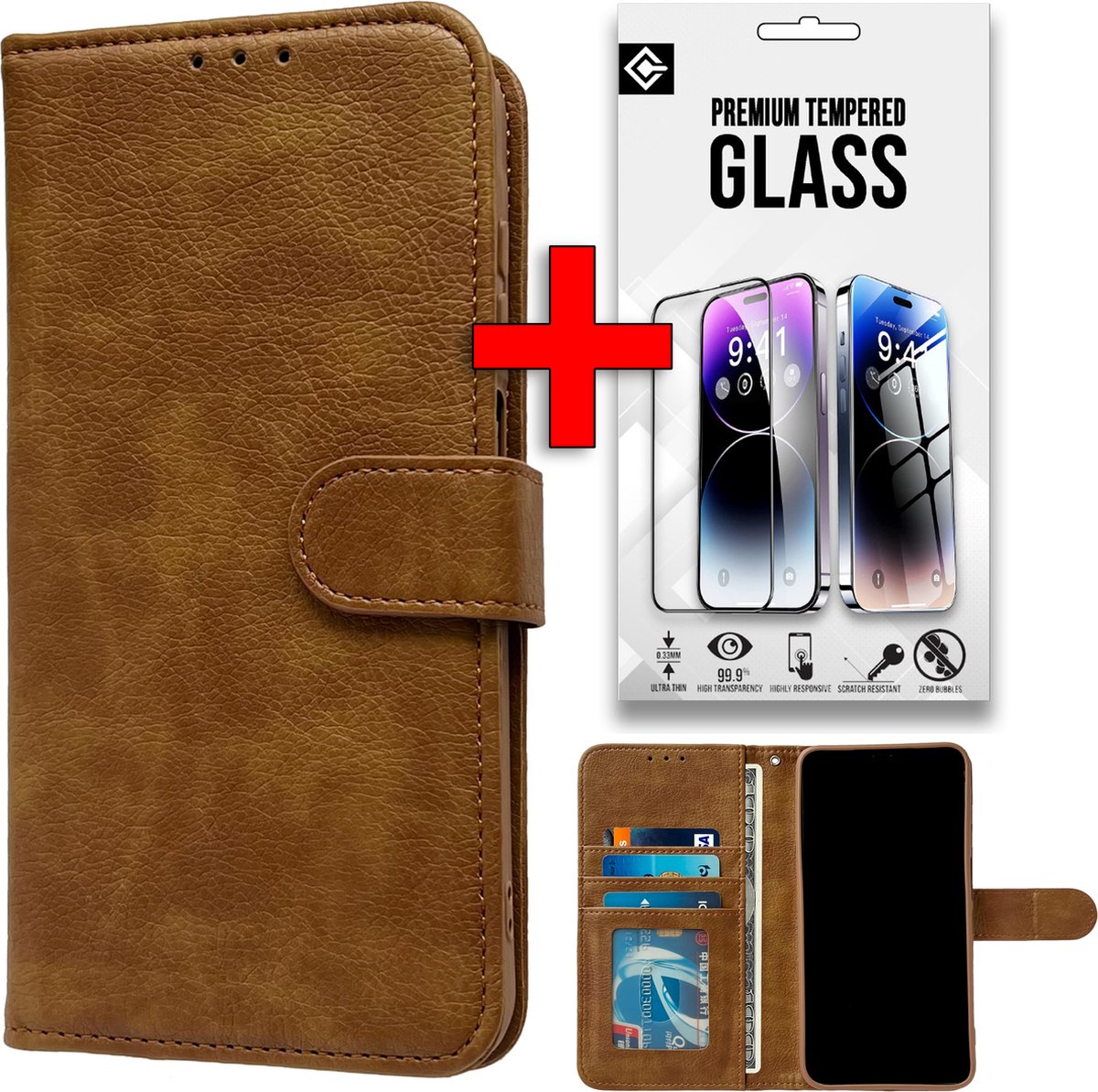 Casemania Hoesje + Glas Geschikt voor Samsung Galaxy S25 - Bruin - Luxe Portemonnee Book Case