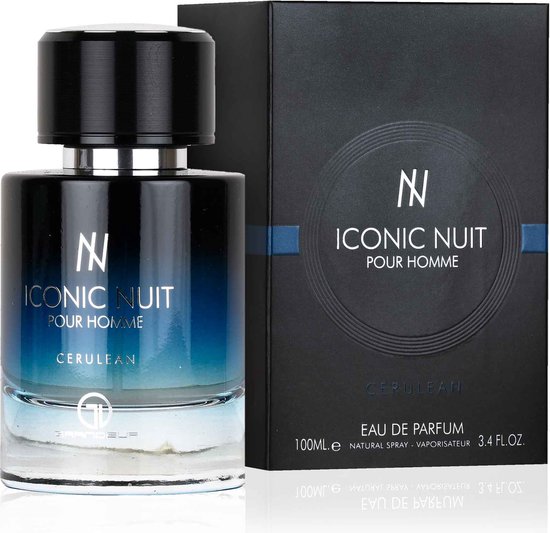 Iconic Nuit Pour Homme Cerulean eau de parfum 100ml met bijpassende zwarte verpakking met blauwe accenten.