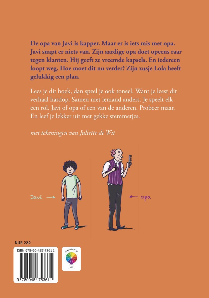 Achterkant boek met illustraties van jongen Javi en opa, tekst en ISBN.
