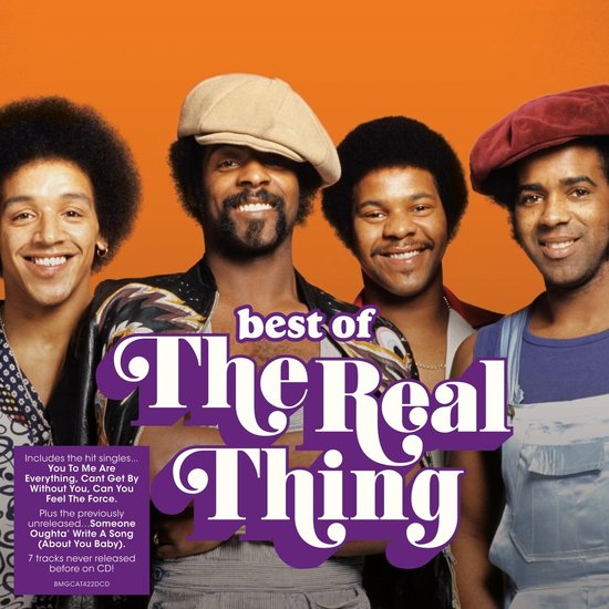 Albumhoes van 'Best of The Real Thing' met vier mannen met afro-kapsels, met paarse tekst en tracklist in de linkerbenedenhoek.