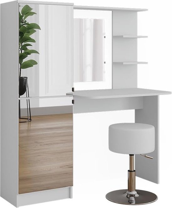 Witte kaptafel met spiegel en stoel set slaapkamer make-up tafel met ruime glazen kast lade opslag verborgen compartiment en make-up kruk 23,6 IN