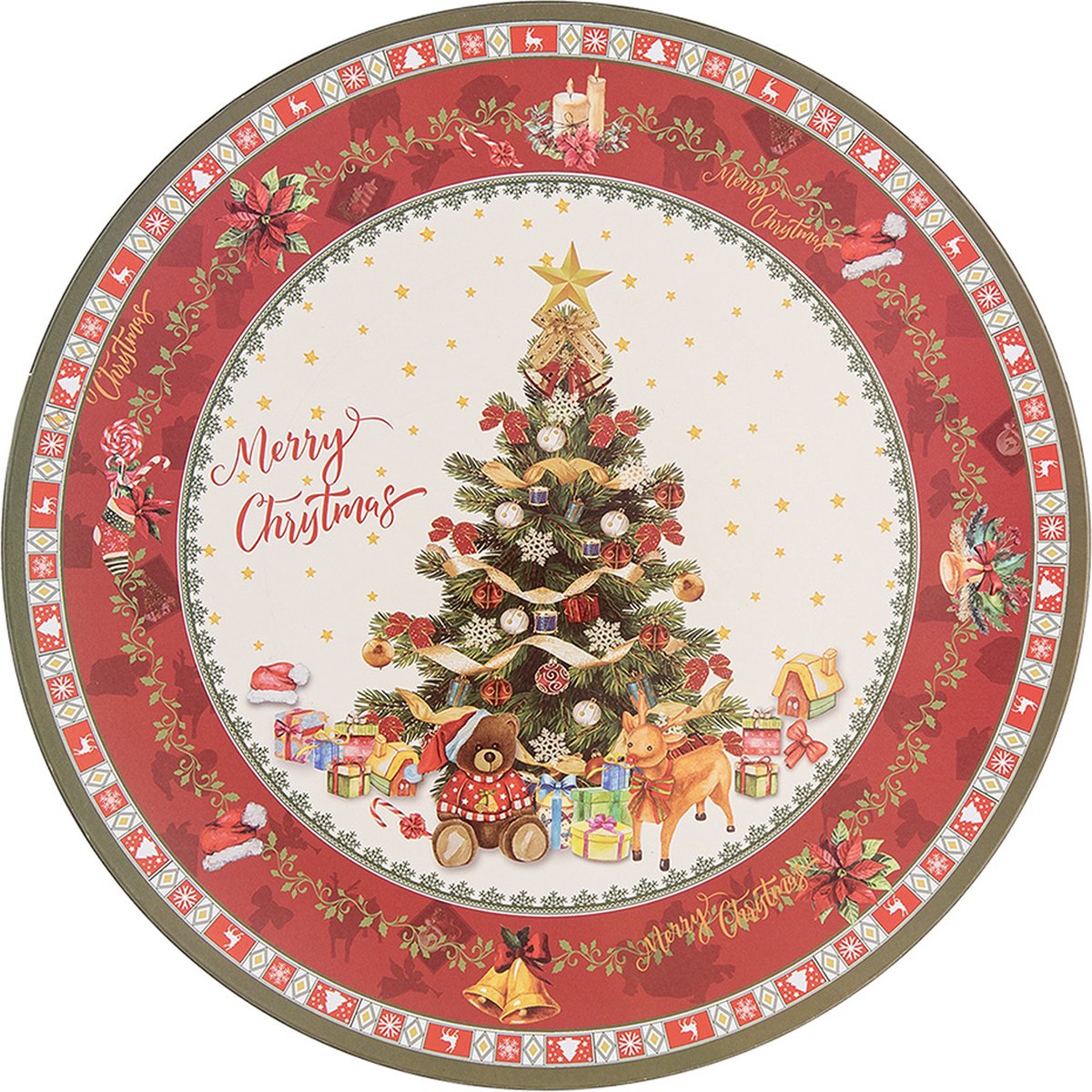 Clayre & Eef Onderbord Ø 33 cm Rood Beige Kunststof Kerstboom