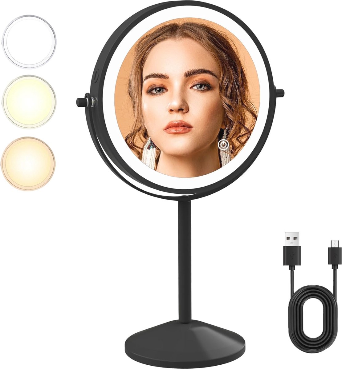 Oplaadbare LED Make-up Vanity Mirror met 1x/10x Vergroting en Drie Kleurtemperaturen
